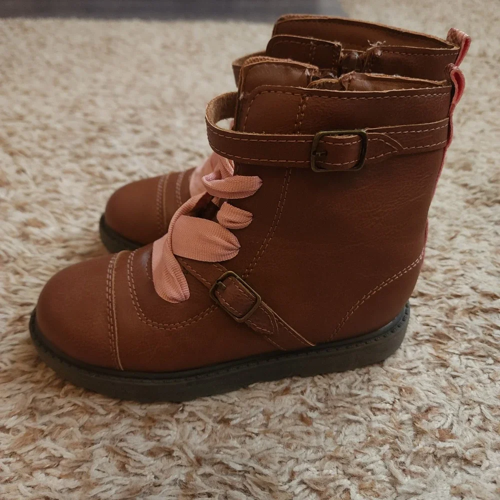 Carter's Combat Boots Girls Size 12 Brown Pink Ribbon Laces Snakeskin Trim
